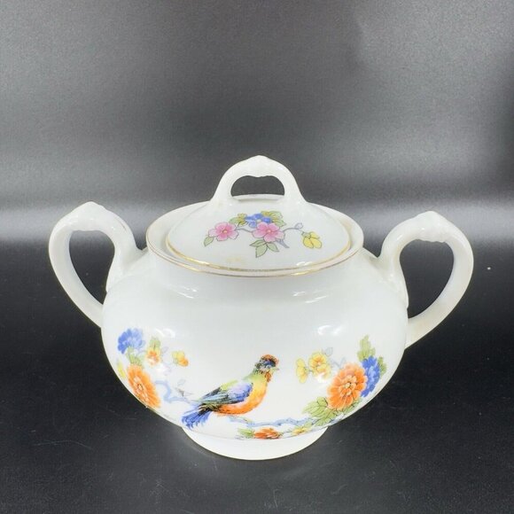 TK Thun Bohemia Czechoslovakia Sugar Bowl Porcelain Bird Flowers Pattern Vintage - Picture 12 of 15